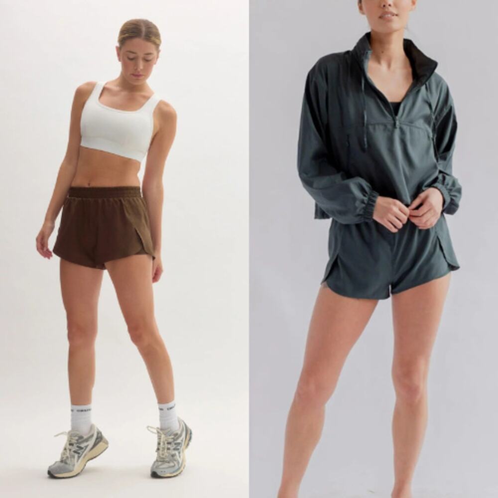 Girlfriend Collective Set of 2 Wrap Trail Shorts Chestnut/Moss Womens Size Small
